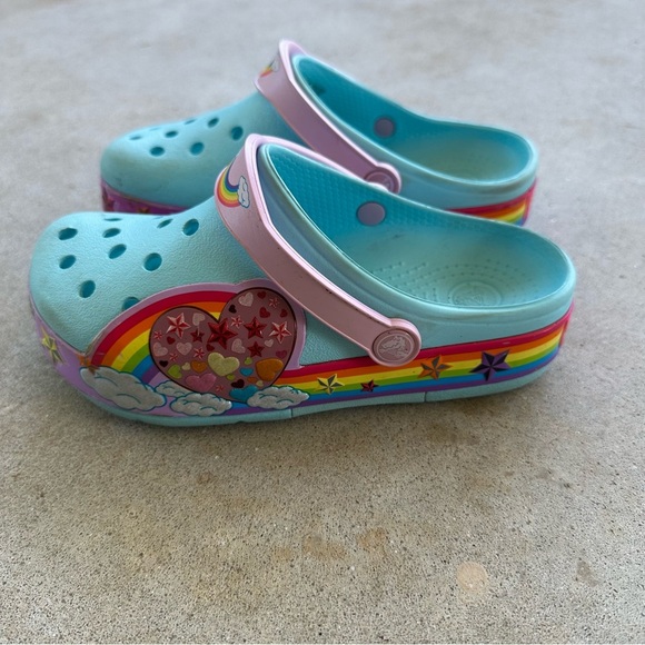 Crocs CrocsLights Rainbow Heart Blue Clogs Kid’s Size J1 - Picture 5 of 11